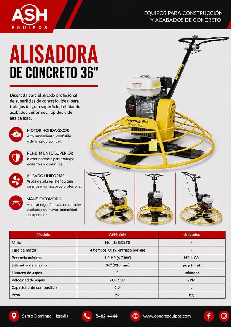 Alisadora de concreto 36 y 24 pulgadas motor Honda GX270 GX160 acabado profesional pisos — ASH Equipos