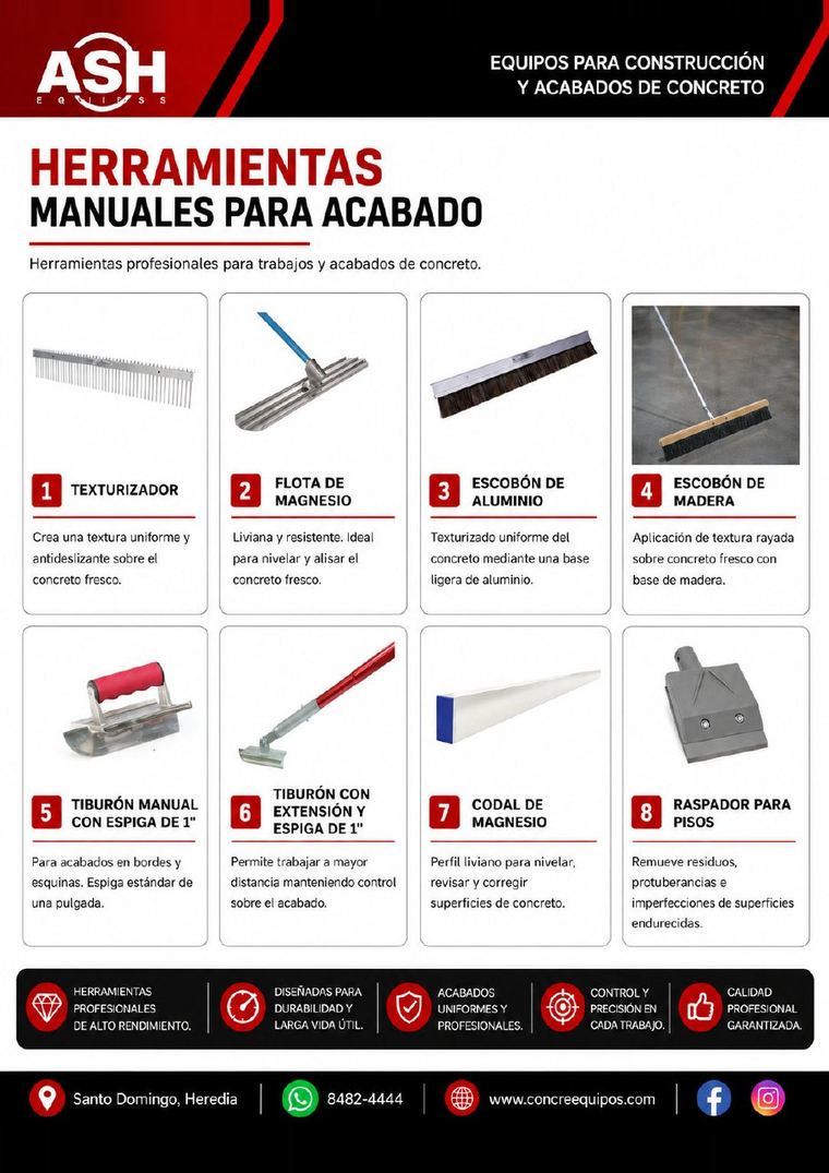 Herramientas manuales para acabado de concreto flotas magnesio texturizador escobón tiburón codal check rod bump cutter