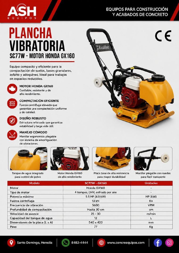 Plancha vibratoria SC77W Honda GX160 y compactador de bota Robin EH12-2D compactación de suelos — ASH Equipos