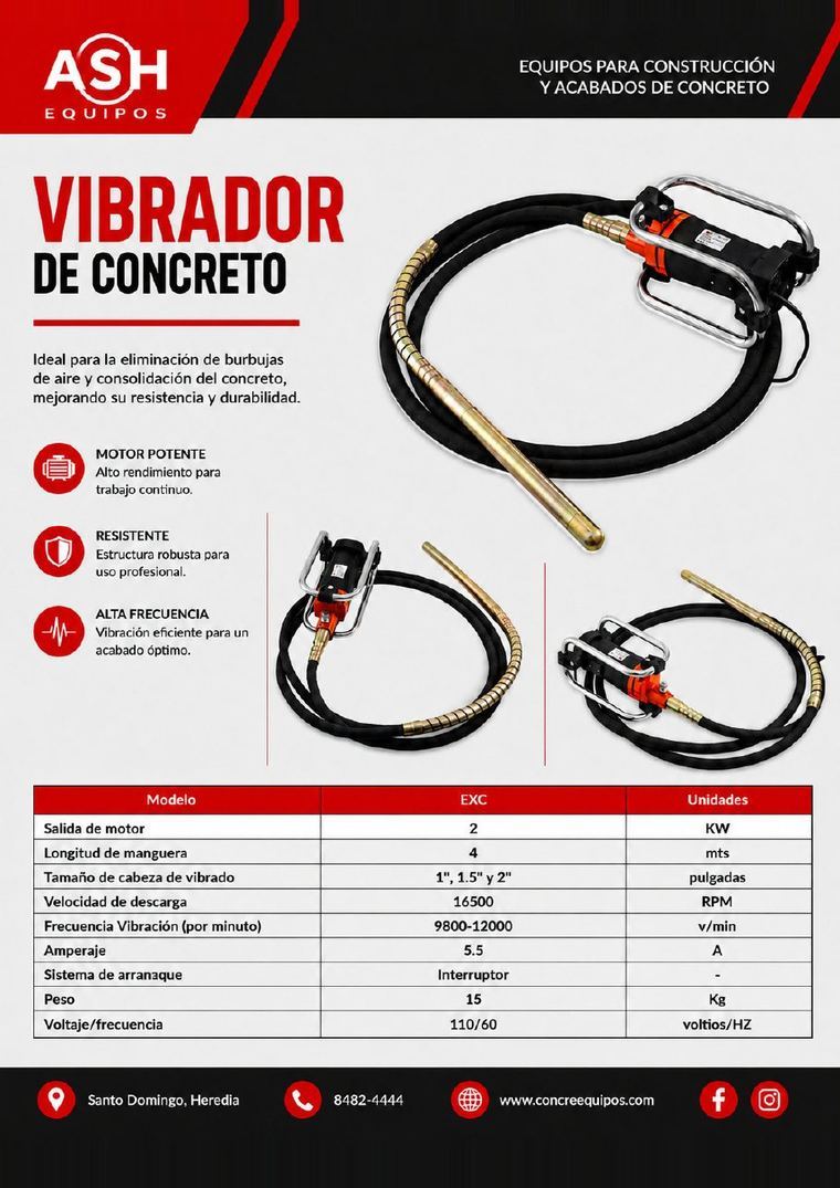 Vibrador de concreto profesional 2kW manguera 4 metros cabezas 1 a 2 pulgadas — ASH Equipos Costa Rica